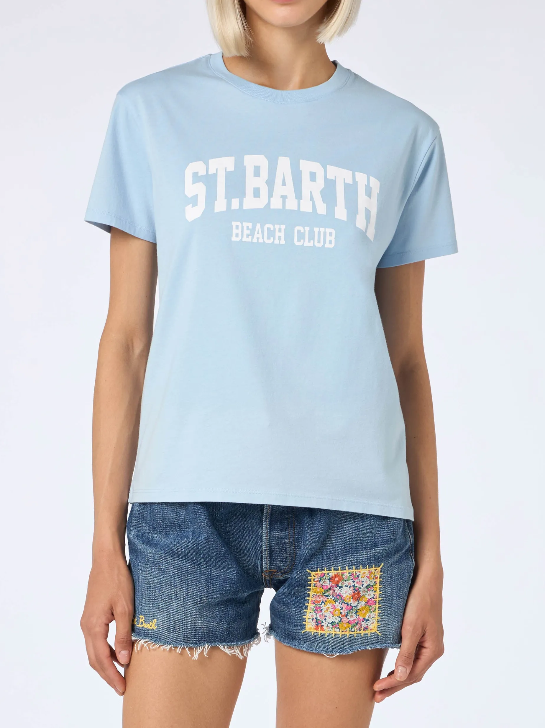 Damen-T-Shirt Emilie aus Baumwolljersey mit Rundhalsausschnitt und St. Barth Beach Club-Print