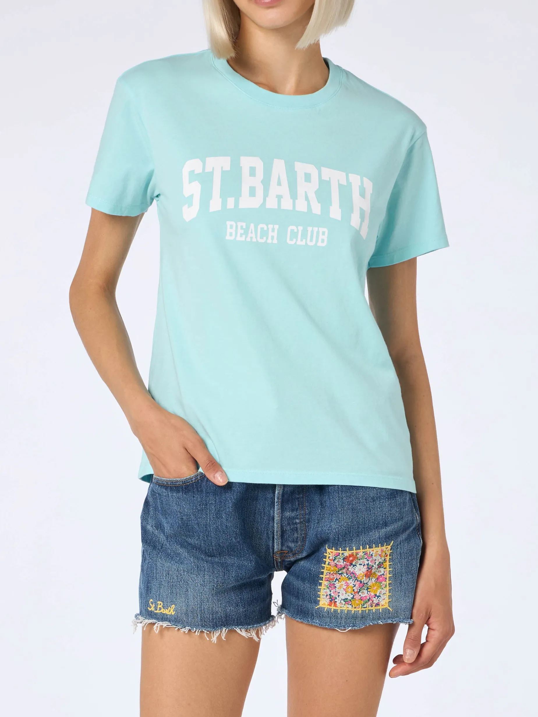Damen-T-Shirt Emilie aus Baumwolljersey mit Rundhalsausschnitt und St. Barth Beach Club-Print