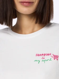 Damen-T-Shirt Emilie aus Baumwolljersey mit Rundhalsausschnitt und „Shopping is my Sport“-Stickerei