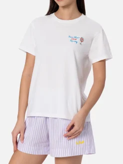 Damen-T-Shirt Emilie aus Baumwolljersey mit Rundhalsausschnitt und „Save water, Drink spritz“-Stickerei