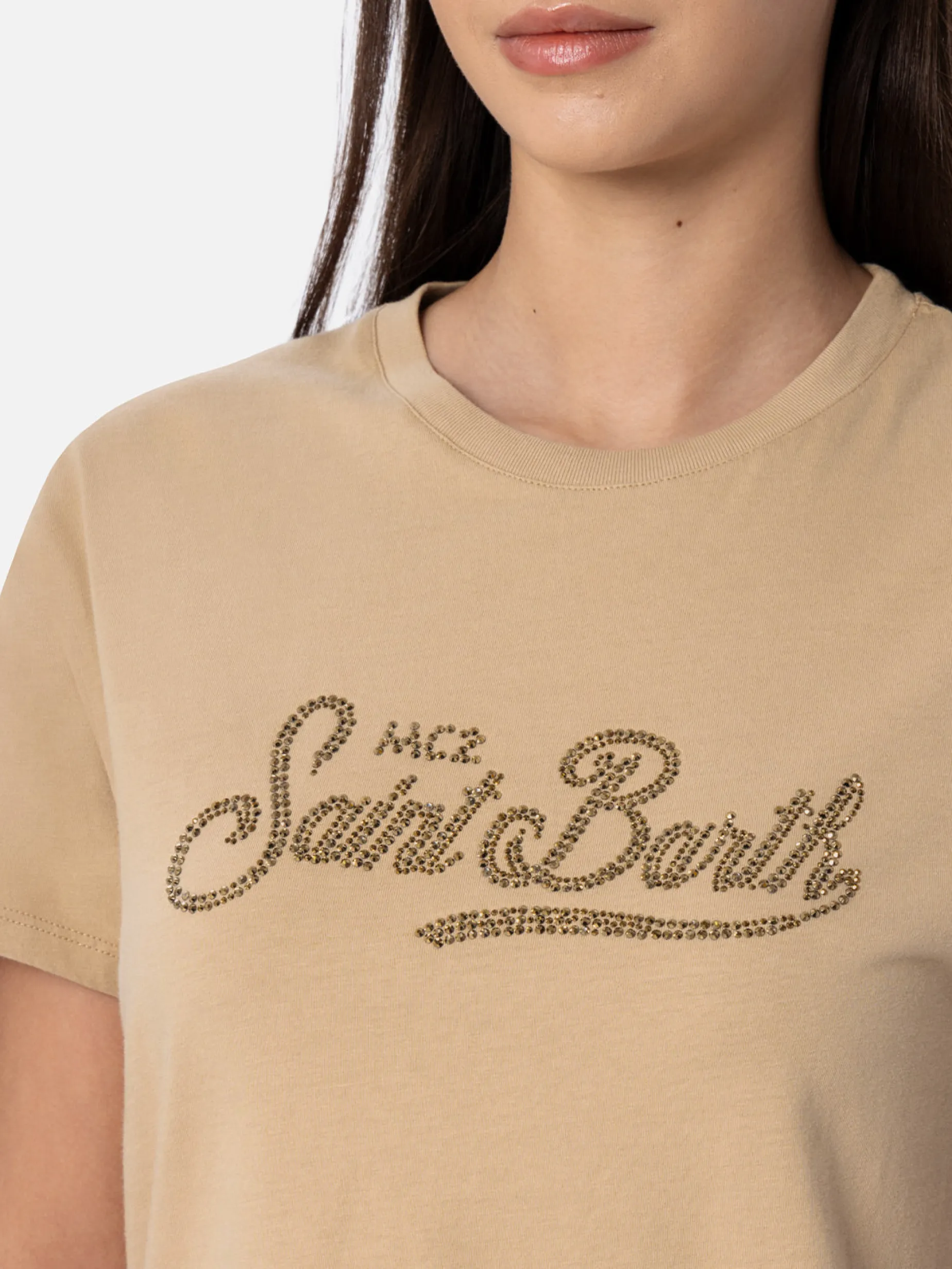 Damen-T-Shirt Emilie aus Baumwolljersey mit Rundhalsausschnitt und Saint-Barth-Strassstickerei