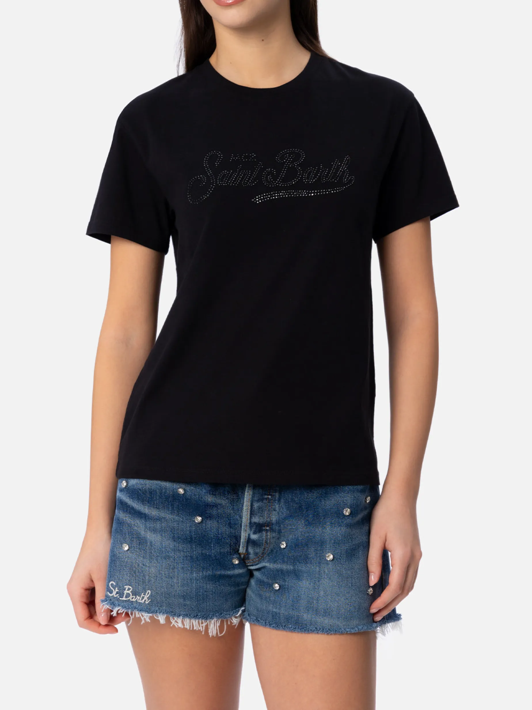 Damen-T-Shirt Emilie aus Baumwolljersey mit Rundhalsausschnitt und Saint-Barth-Strassstickerei