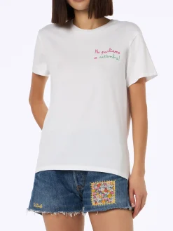 Damen-T-Shirt Emilie aus Baumwolljersey mit Rundhalsausschnitt und „Ne Parliamo a Settembre“-Stickerei