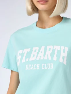 Damen-T-Shirt Emilie aus Baumwolljersey mit Rundhalsausschnitt und St. Barth Beach Club-Print