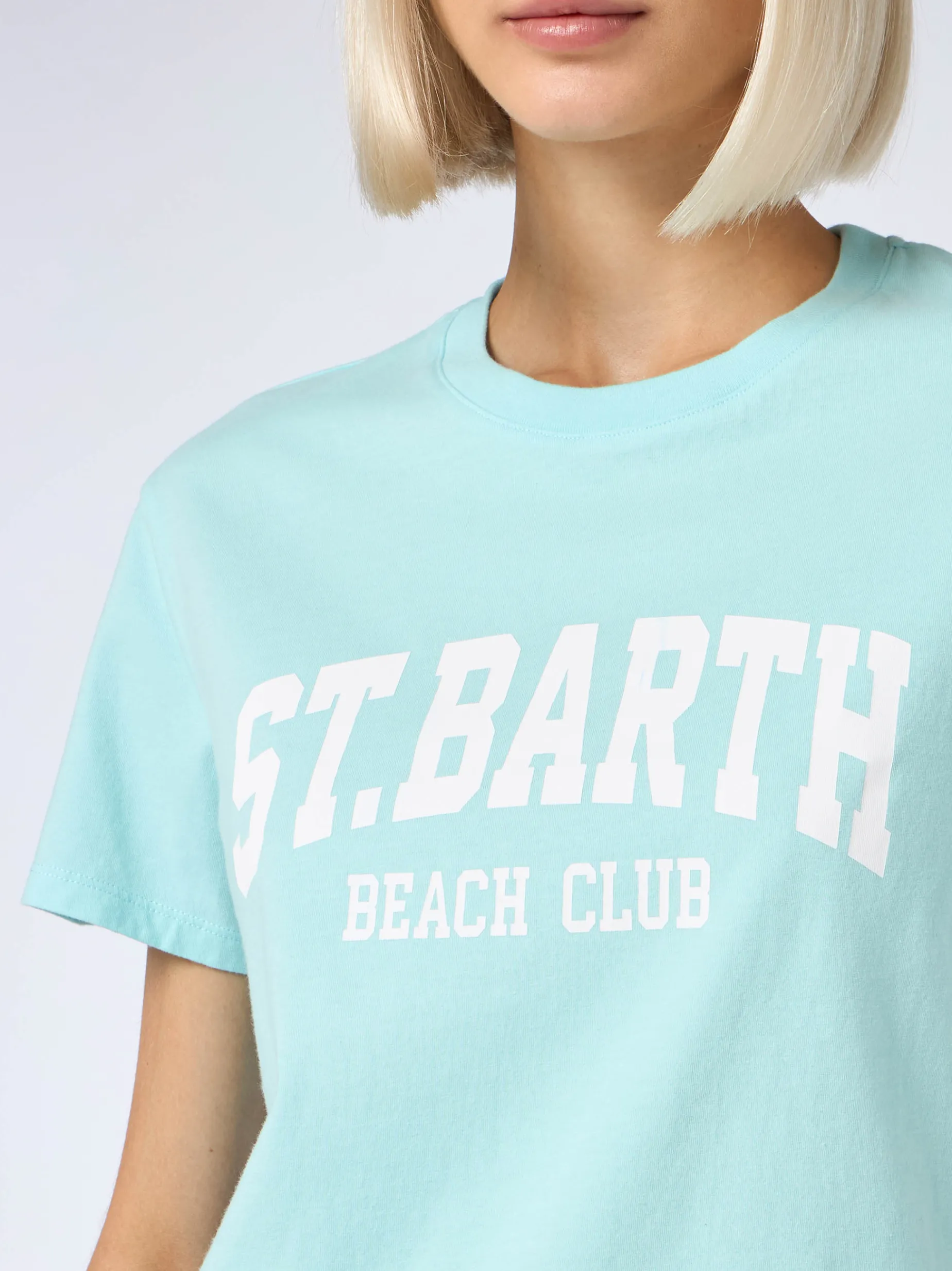Damen-T-Shirt Emilie aus Baumwolljersey mit Rundhalsausschnitt und St. Barth Beach Club-Print