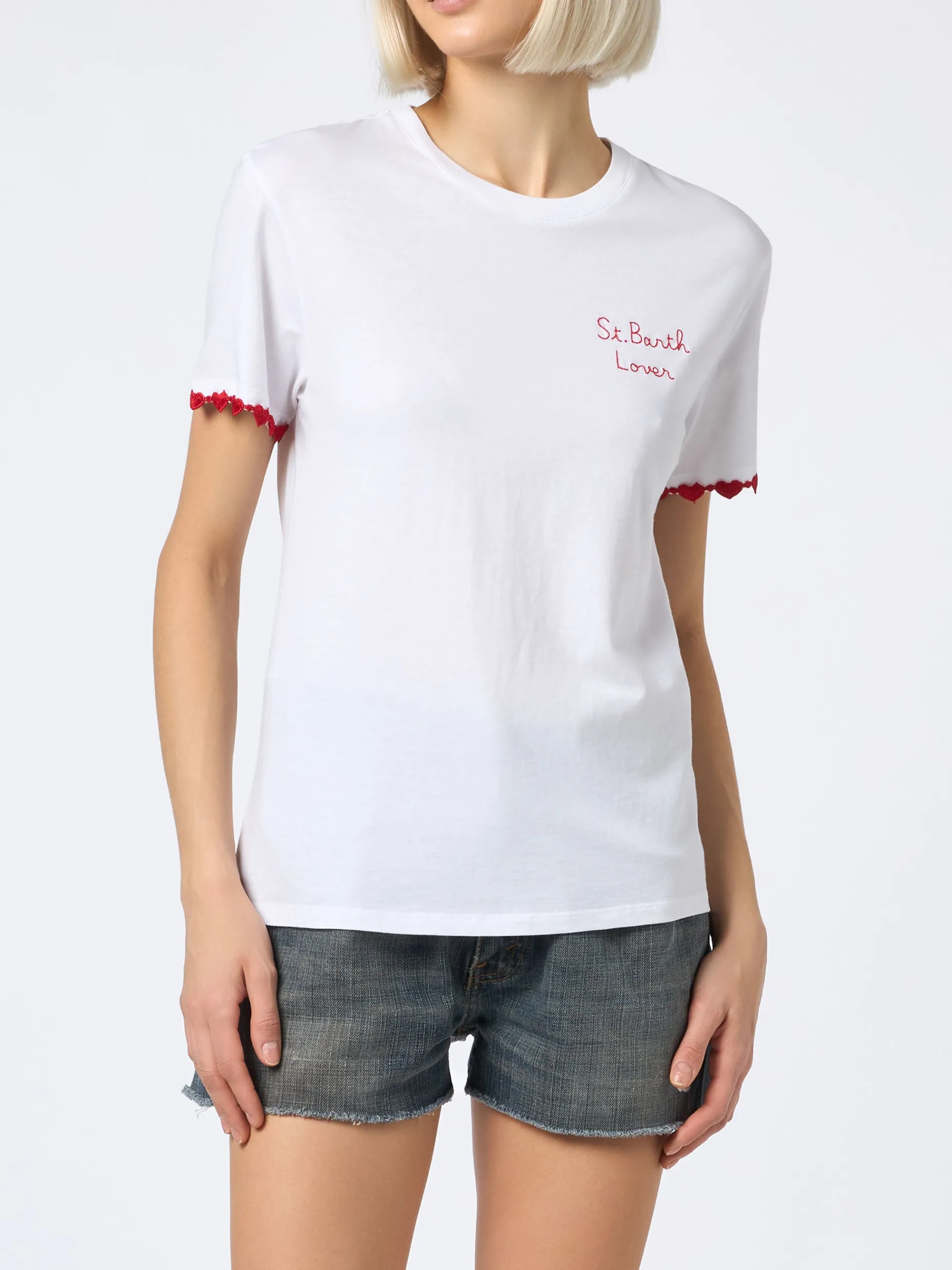 Damen-T-Shirt Emilie aus Baumwolljersey mit Rundhalsausschnitt und St. Barth Lover-Stickerei