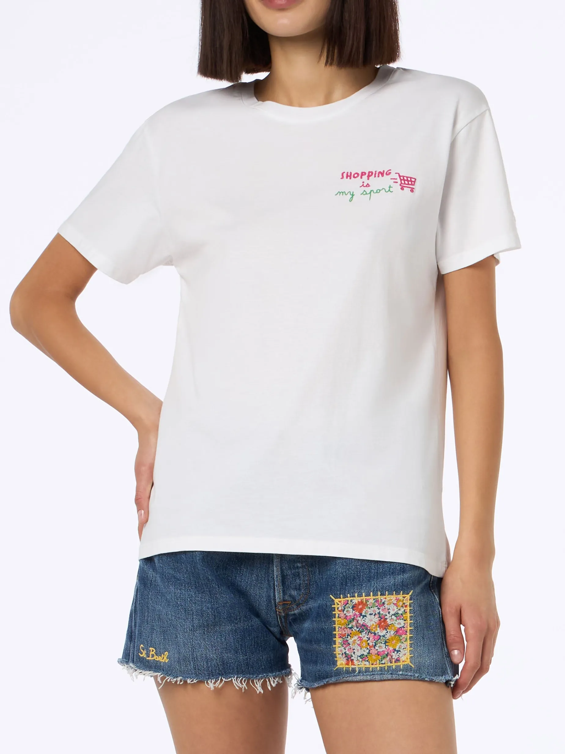 Damen-T-Shirt Emilie aus Baumwolljersey mit Rundhalsausschnitt und „Shopping is my Sport“-Stickerei
