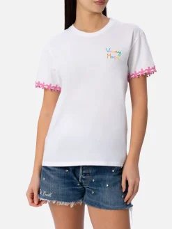 Damen-T-Shirt Emilie aus Baumwolljersey mit Rundhalsausschnitt und Vacay Mood-Stickerei