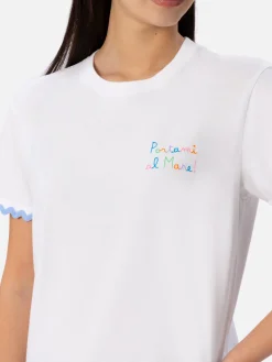Damen-T-Shirt Emilie aus Baumwolljersey mit Rundhalsausschnitt und Portami al Mare-Stickerei