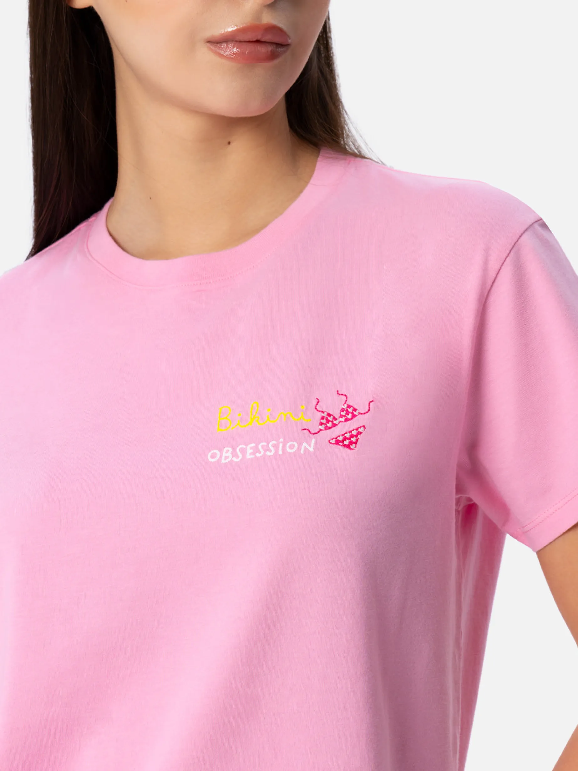 Damen-T-Shirt Emilie aus Baumwolljersey mit Rundhalsausschnitt und Bikini Obsession-Stickerei