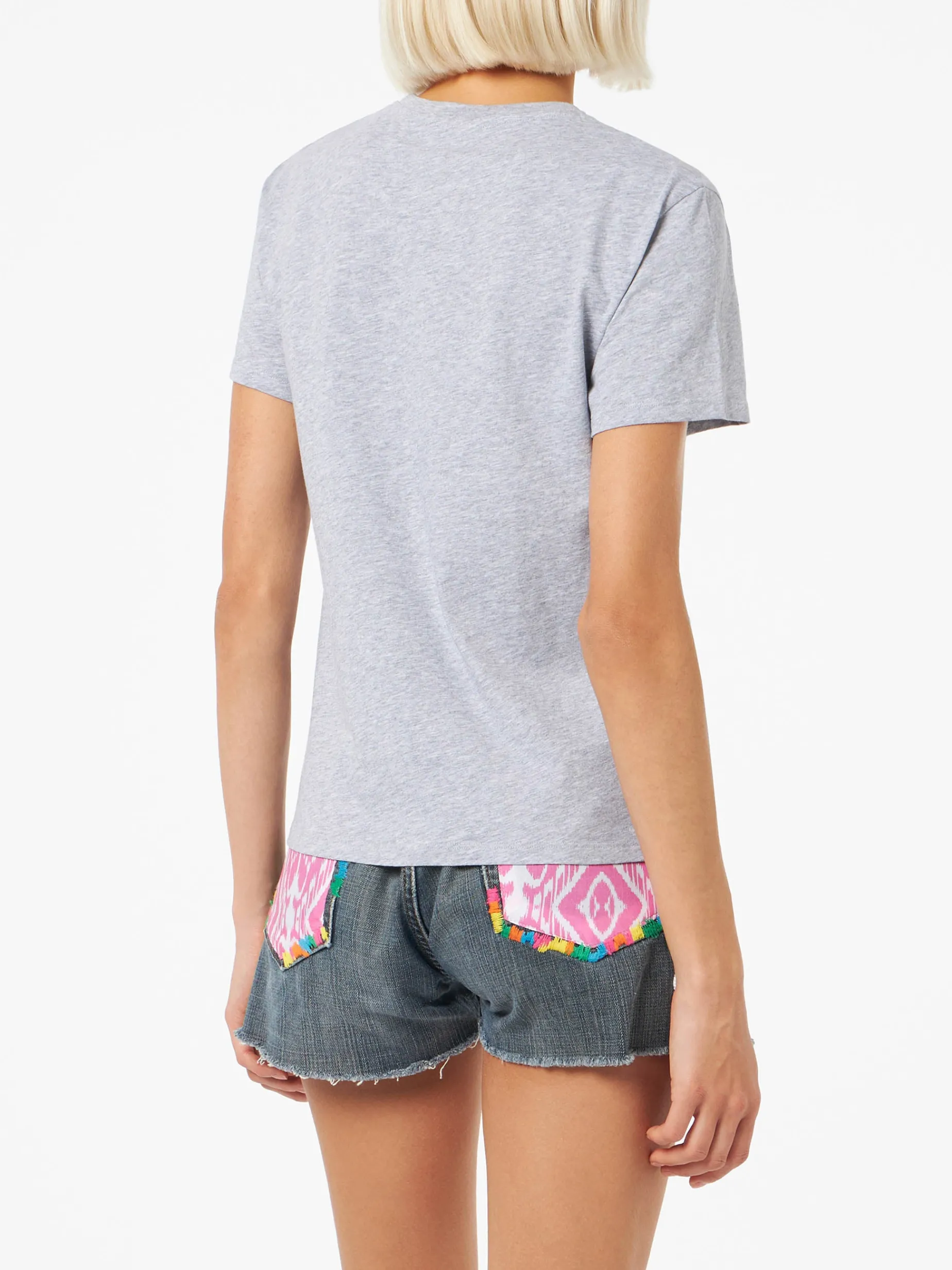 Damen-T-Shirt Emilie aus Baumwolljersey mit Rundhalsausschnitt und La Vedo Grigia-Stickerei