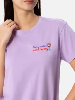 Damen-T-Shirt Emilie aus Baumwolljersey mit Rundhalsausschnitt und „Save water drink Spritz“-Stickerei