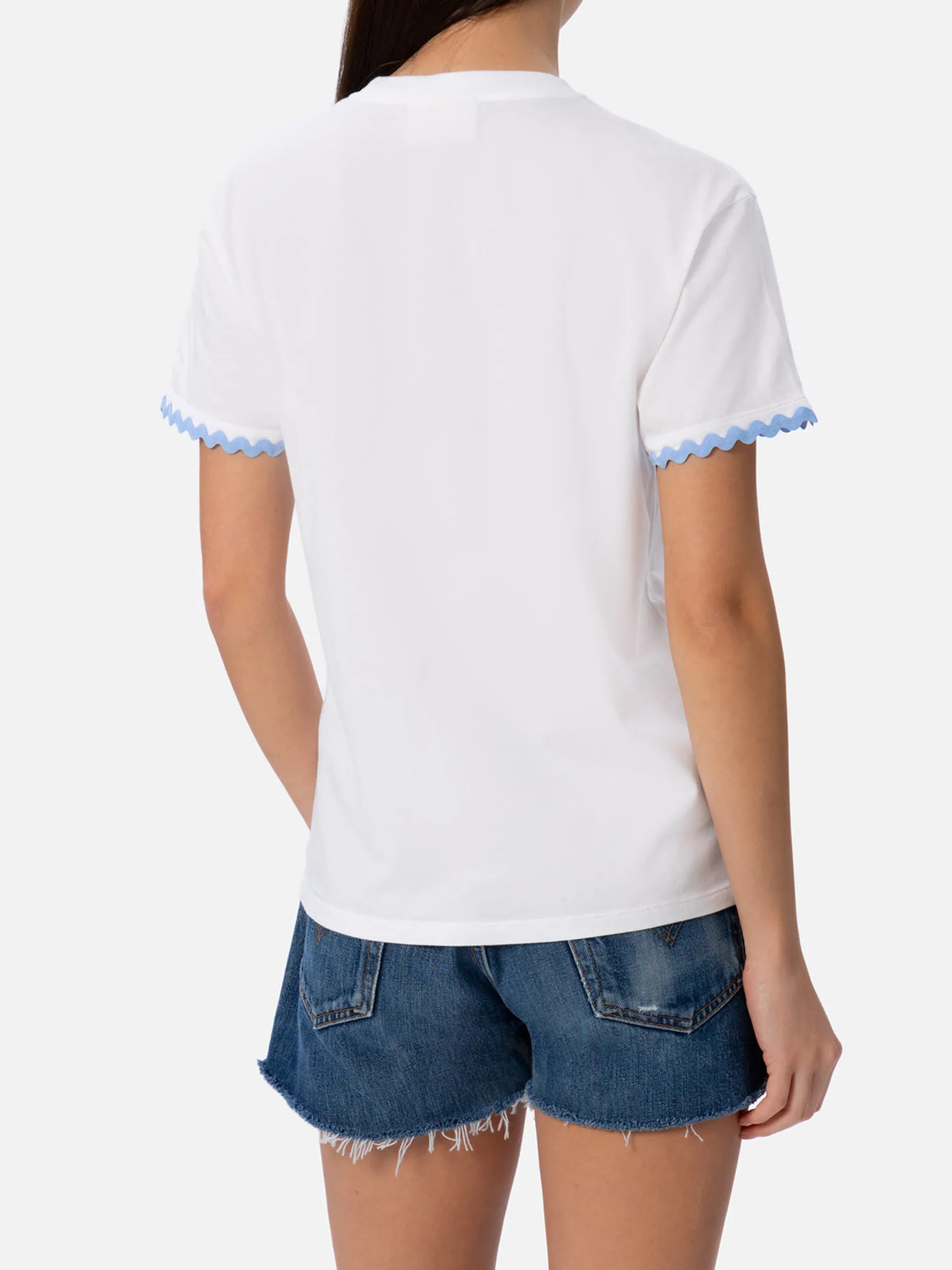 Damen-T-Shirt Emilie aus Baumwolljersey mit Rundhalsausschnitt und Portami al Mare-Stickerei