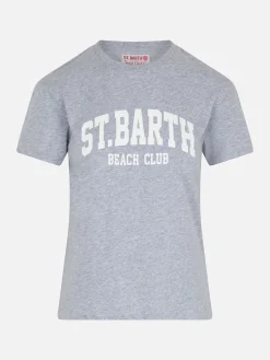 Damen-T-Shirt Emilie aus Baumwolljersey mit Rundhalsausschnitt und Saint Barth Beach Club-Aufdruck