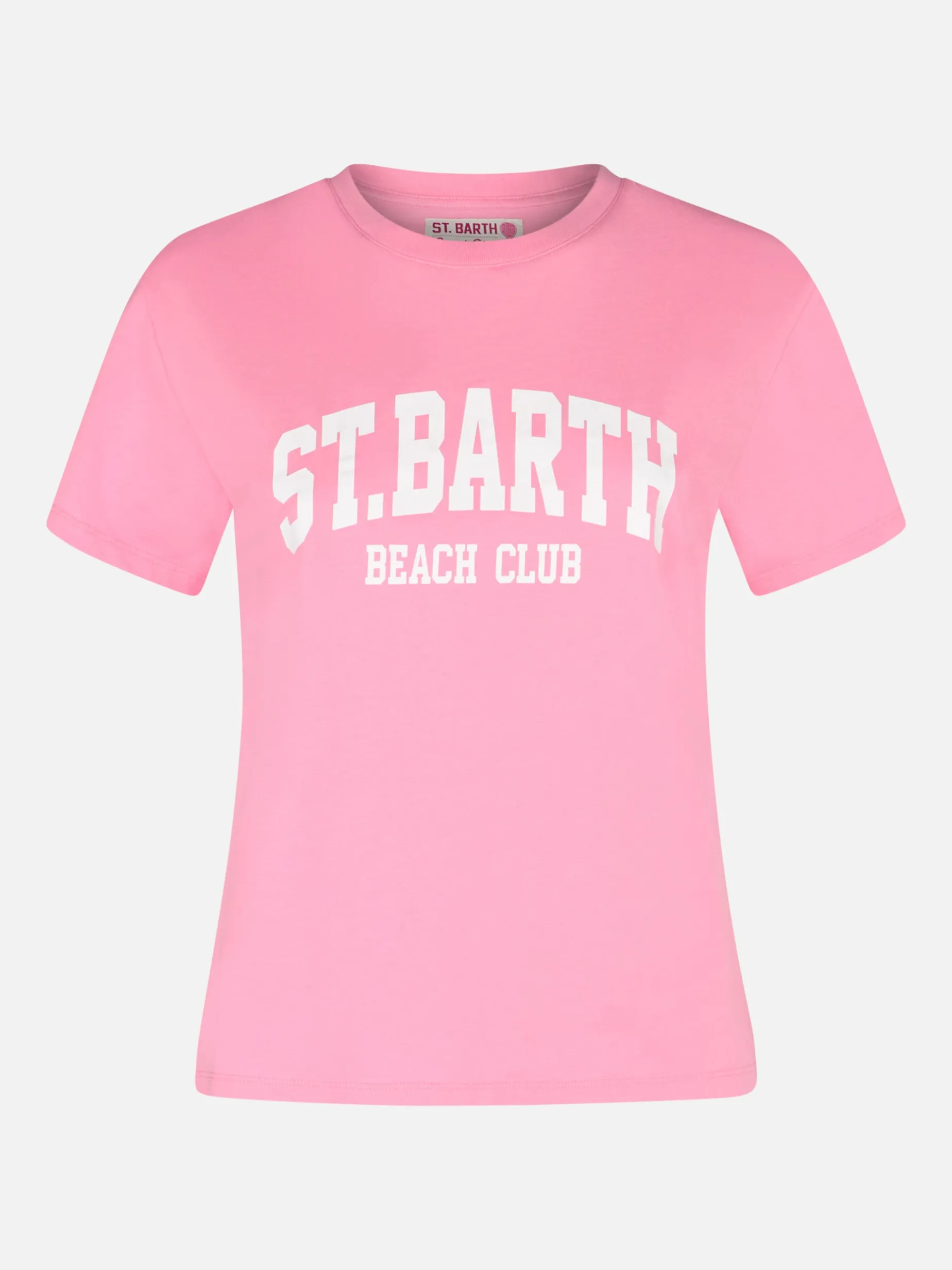 Damen-T-Shirt Emilie aus Baumwolljersey mit Rundhalsausschnitt und Saint Barth Beach Club-Aufdruck