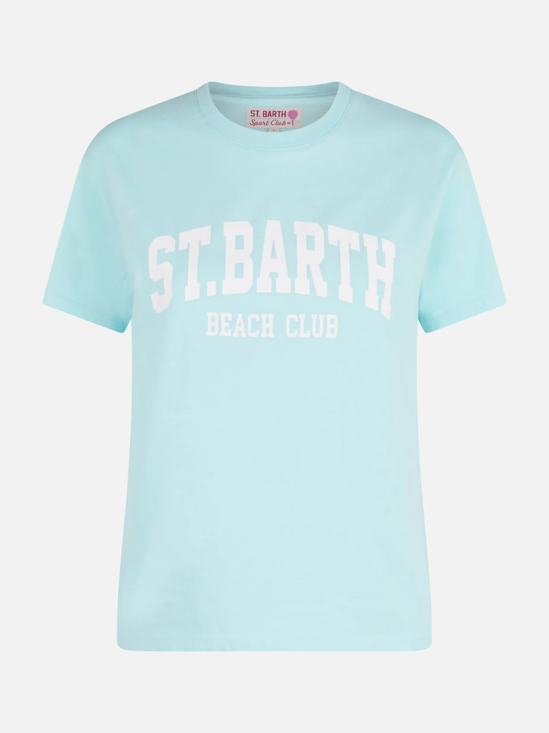 Damen-T-Shirt Emilie aus Baumwolljersey mit Rundhalsausschnitt und St. Barth Beach Club-Print