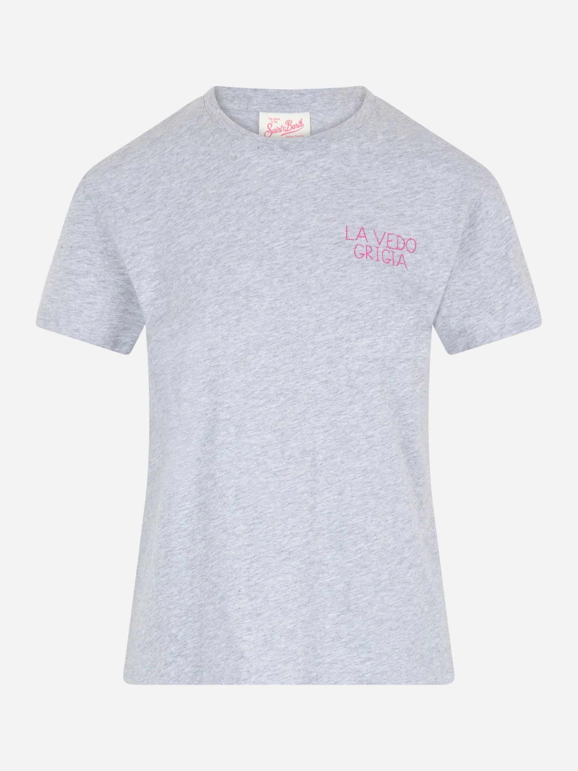 Damen-T-Shirt Emilie aus Baumwolljersey mit Rundhalsausschnitt und La Vedo Grigia-Stickerei
