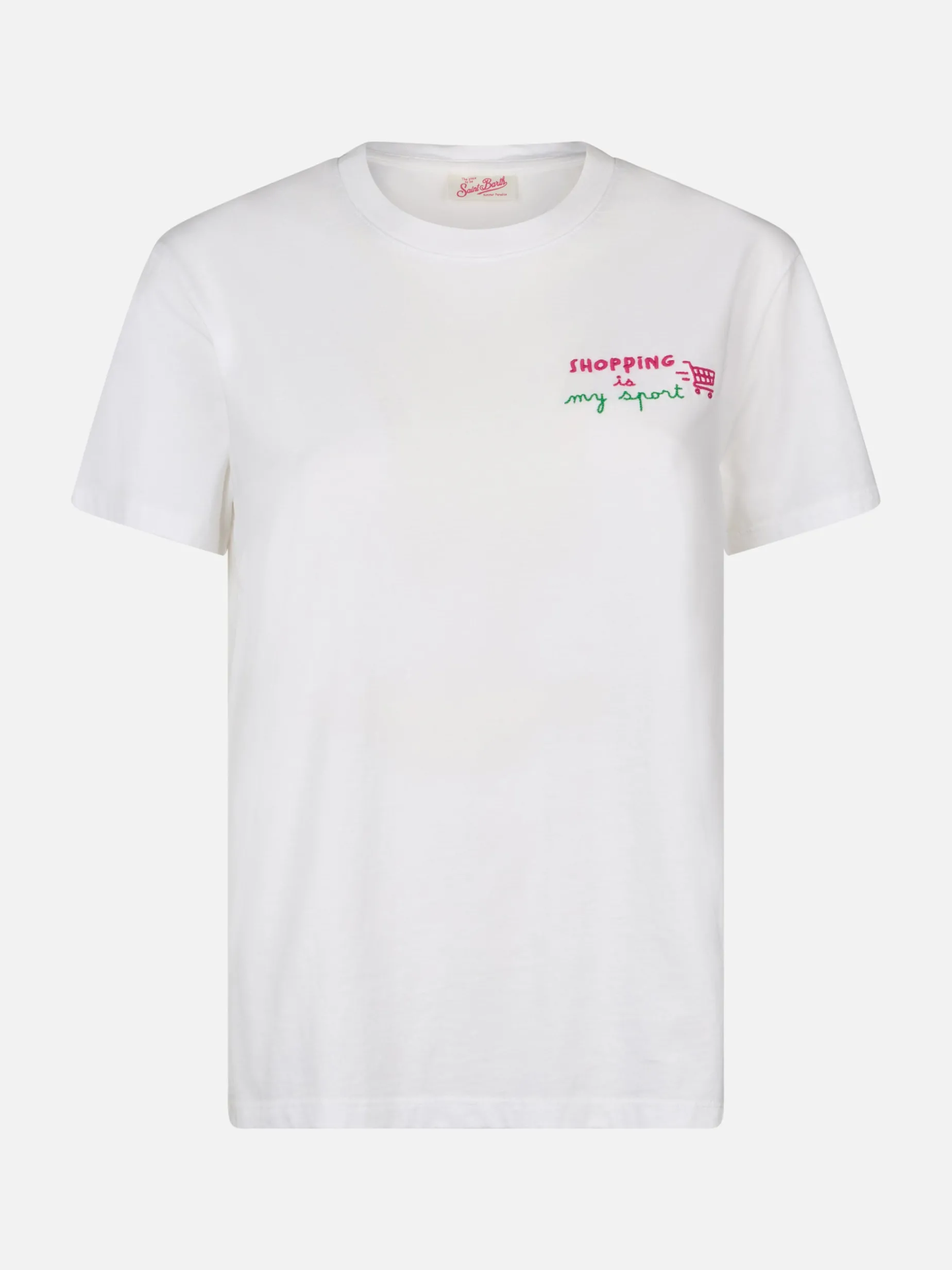 Damen-T-Shirt Emilie aus Baumwolljersey mit Rundhalsausschnitt und „Shopping is my Sport“-Stickerei