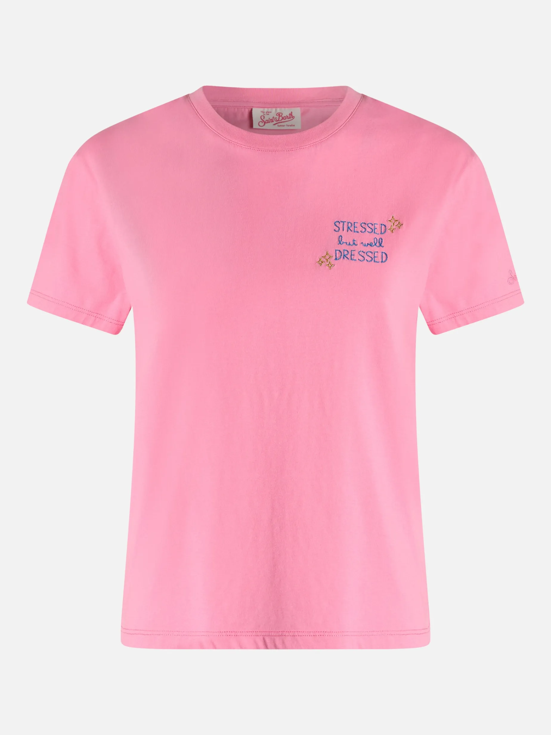 Damen-T-Shirt Emilie aus Baumwolljersey mit Rundhalsausschnitt und „Stressed but Well Dressed“-Stickerei