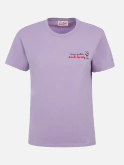 Damen-T-Shirt Emilie aus Baumwolljersey mit Rundhalsausschnitt und „Save water drink Spritz“-Stickerei