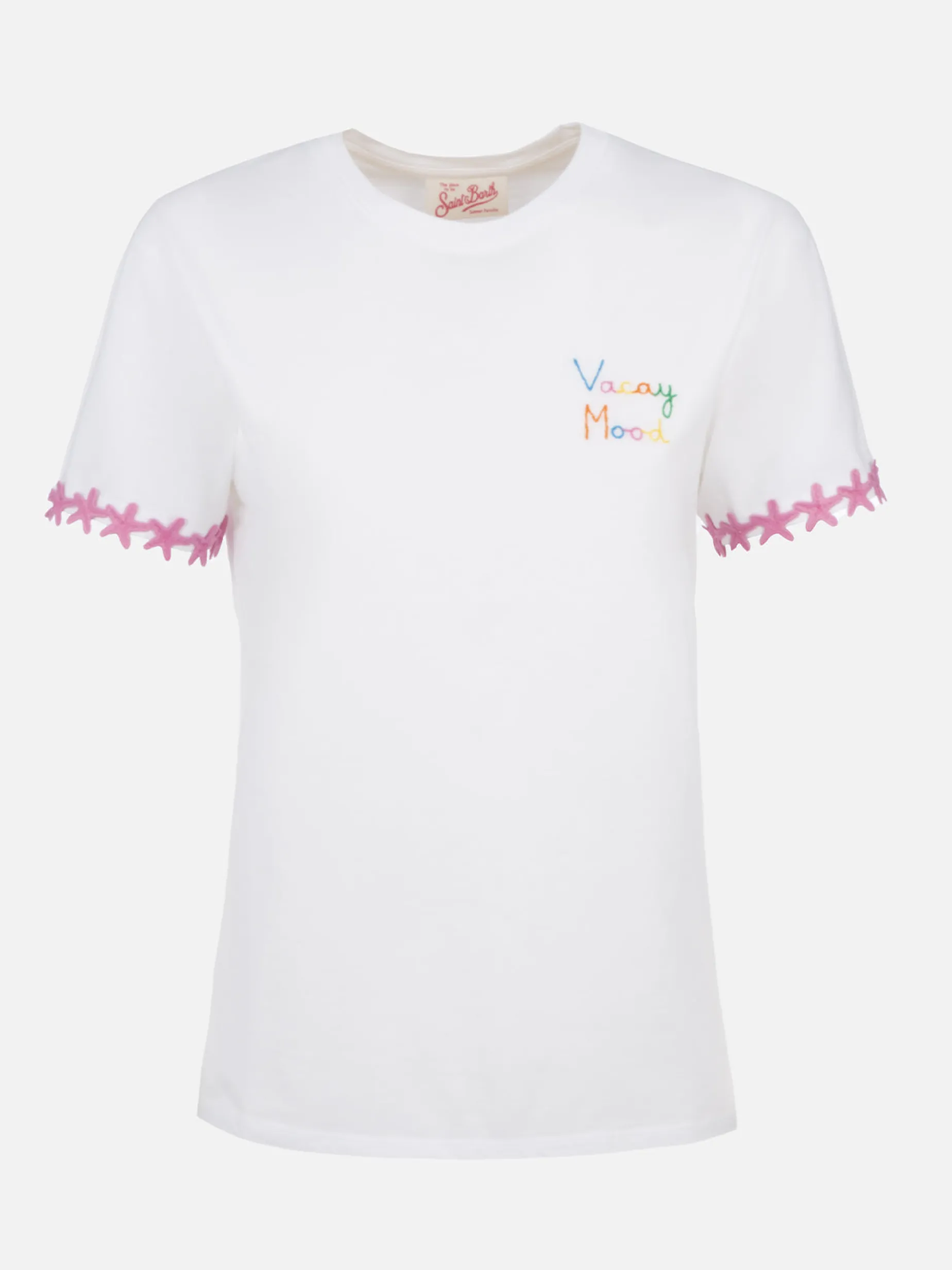 Damen-T-Shirt Emilie aus Baumwolljersey mit Rundhalsausschnitt und Vacay Mood-Stickerei