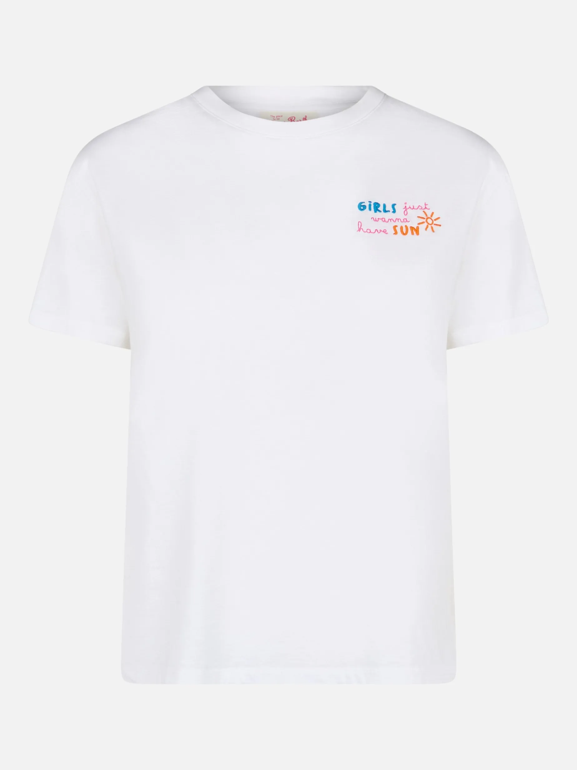 Damen-T-Shirt Emilie aus Baumwolljersey mit Rundhalsausschnitt und „Girls just wanna have Sun“-Stickerei