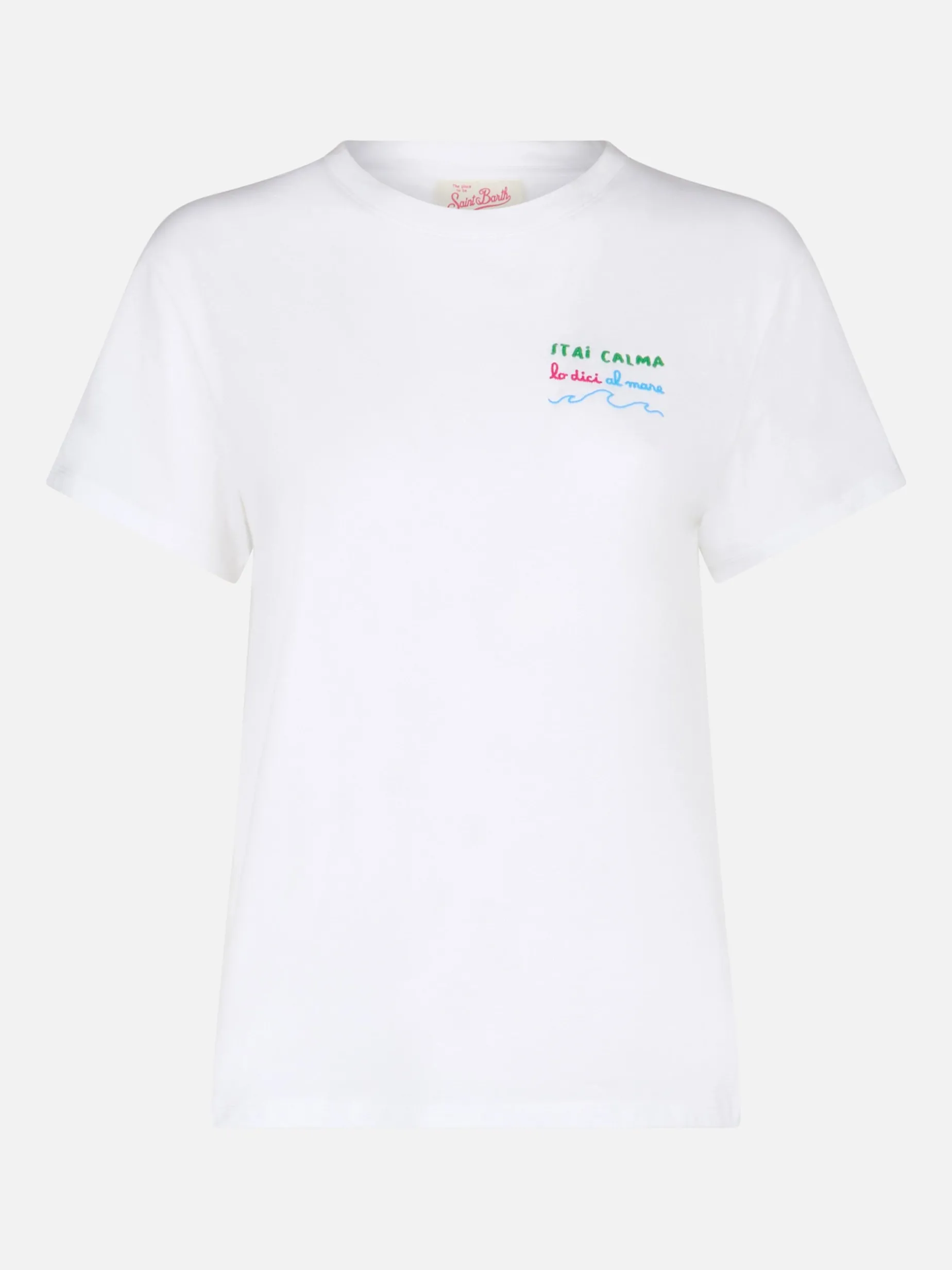Damen-T-Shirt Emilie aus Baumwolljersey mit Rundhalsausschnitt und Stai-Calma-Stickerei