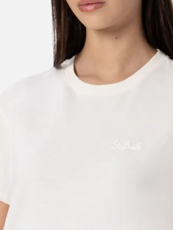 Damen-T-Shirt Emilie aus cremeweißem Baumwolljersey mit Rundhalsausschnitt