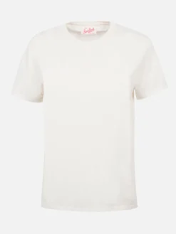 Damen-T-Shirt Emilie aus cremeweißem Baumwolljersey mit Rundhalsausschnitt