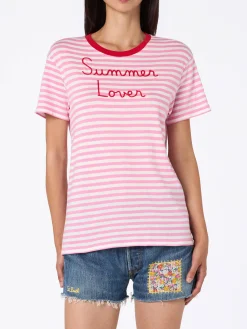 Damen-T-Shirt Emilie aus gestreiftem Baumwolljersey mit Rundhalsausschnitt und „Summer Lover“-Stickerei