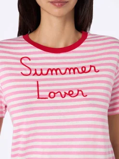 Damen-T-Shirt Emilie aus gestreiftem Baumwolljersey mit Rundhalsausschnitt und „Summer Lover“-Stickerei
