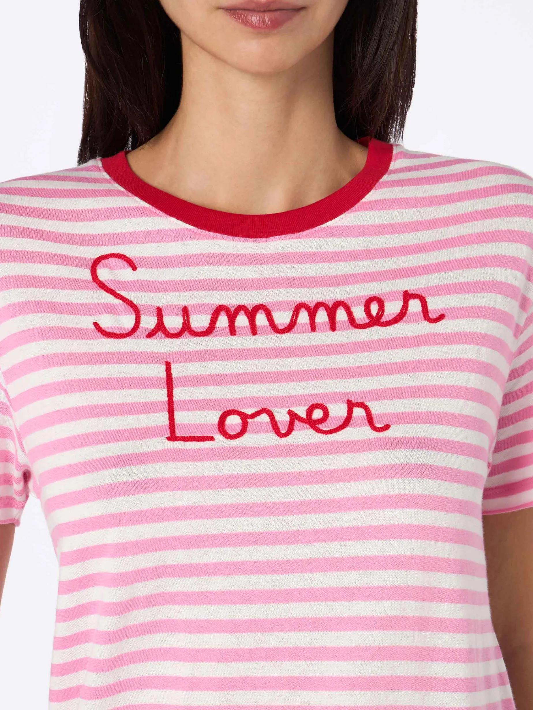 Damen-T-Shirt Emilie aus gestreiftem Baumwolljersey mit Rundhalsausschnitt und „Summer Lover“-Stickerei