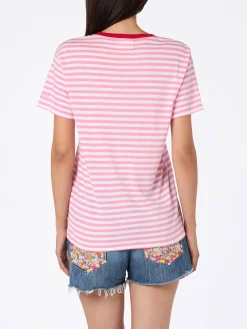Damen-T-Shirt Emilie aus gestreiftem Baumwolljersey mit Rundhalsausschnitt und „Summer Lover“-Stickerei