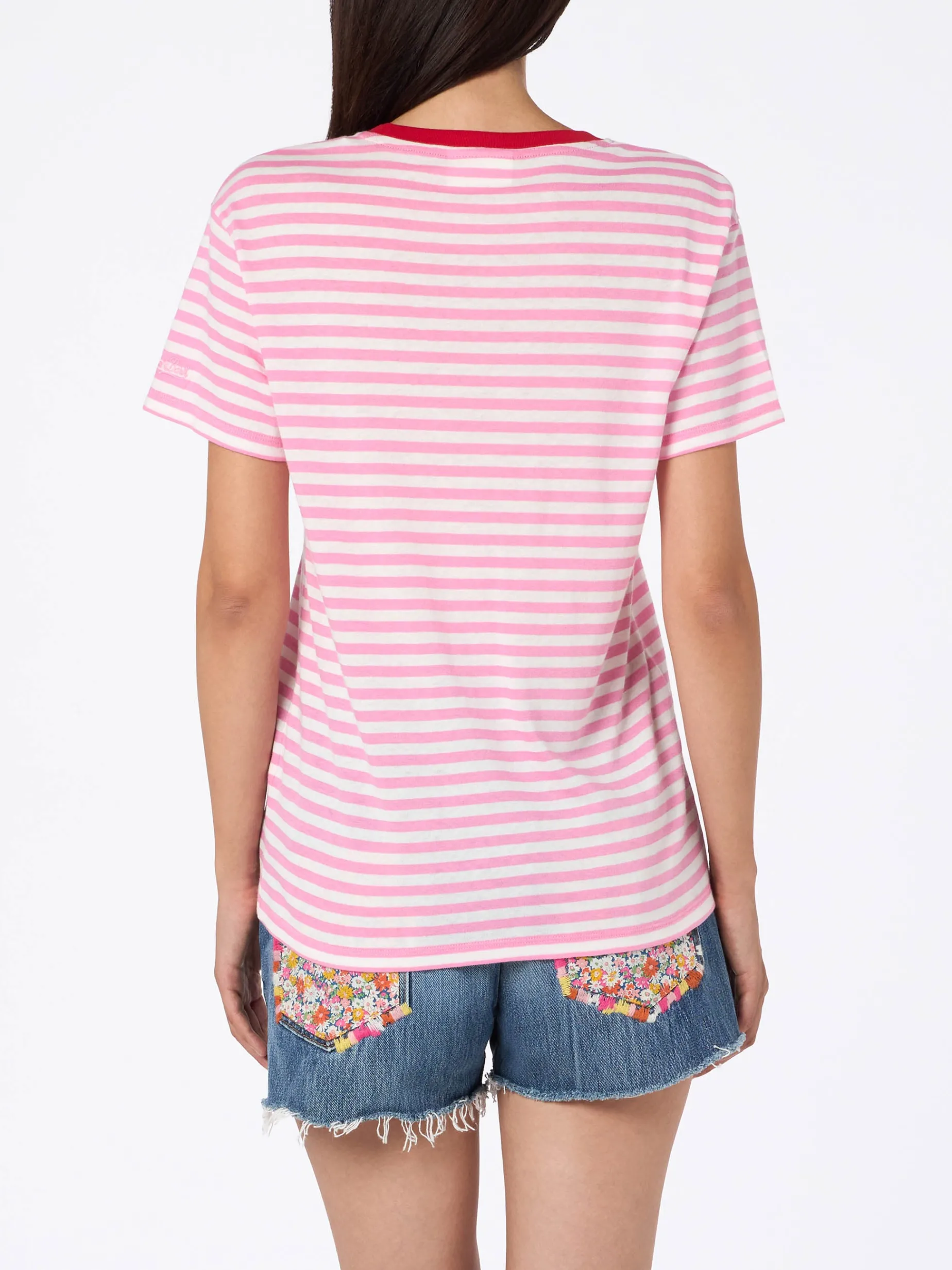 Damen-T-Shirt Emilie aus gestreiftem Baumwolljersey mit Rundhalsausschnitt und „Summer Lover“-Stickerei