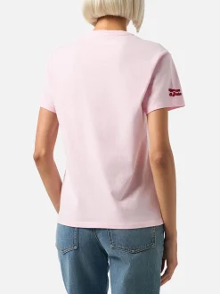 Damen-T-Shirt Emilie aus schwerer Baumwolle in Rosa mit „Vacanze negare“-Stickerei | VACANZE DI NATALE SONDERAUSGABE