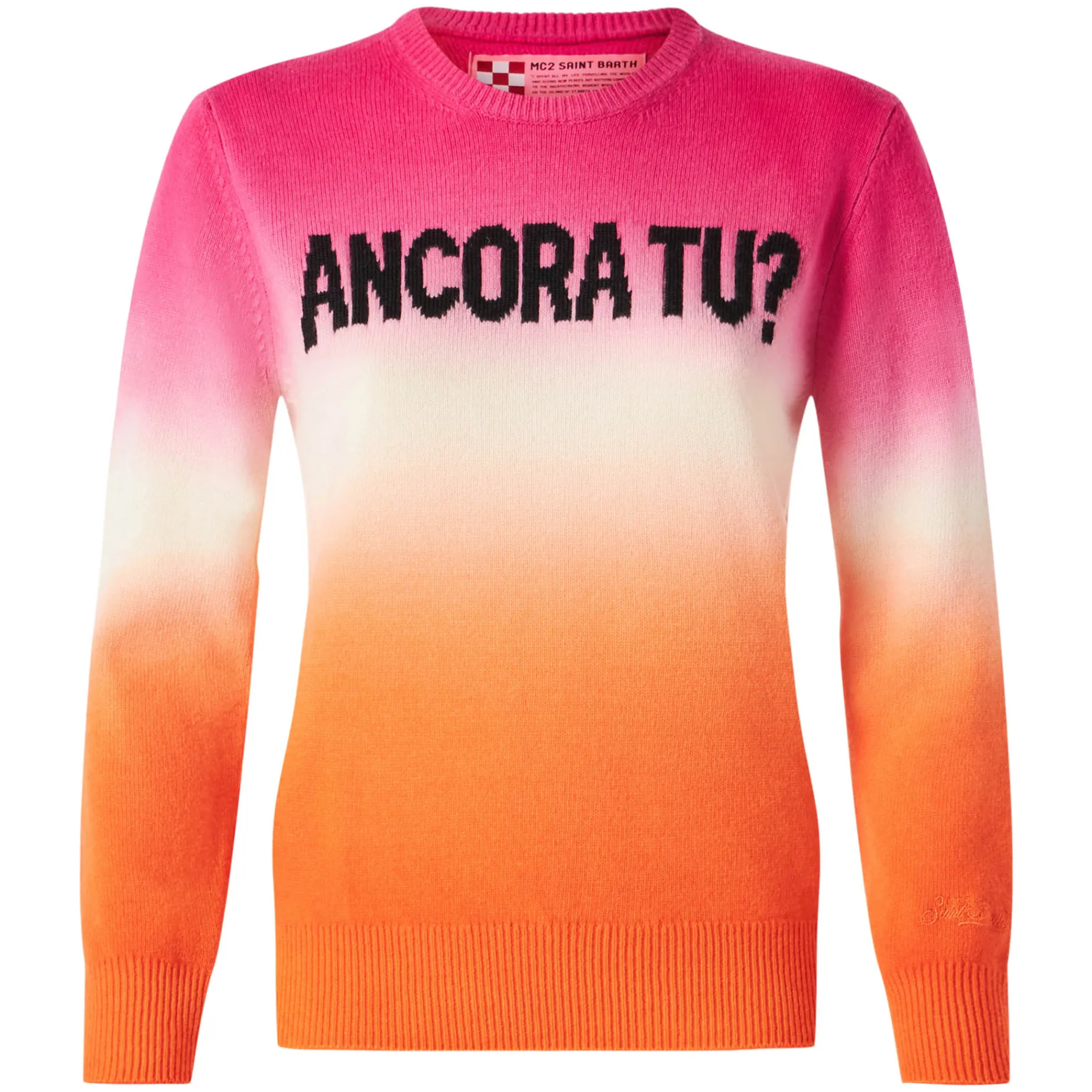 Degradé-Damenpullover in Fuchsia und Orange mit Schriftzug „Ancora tu“.
