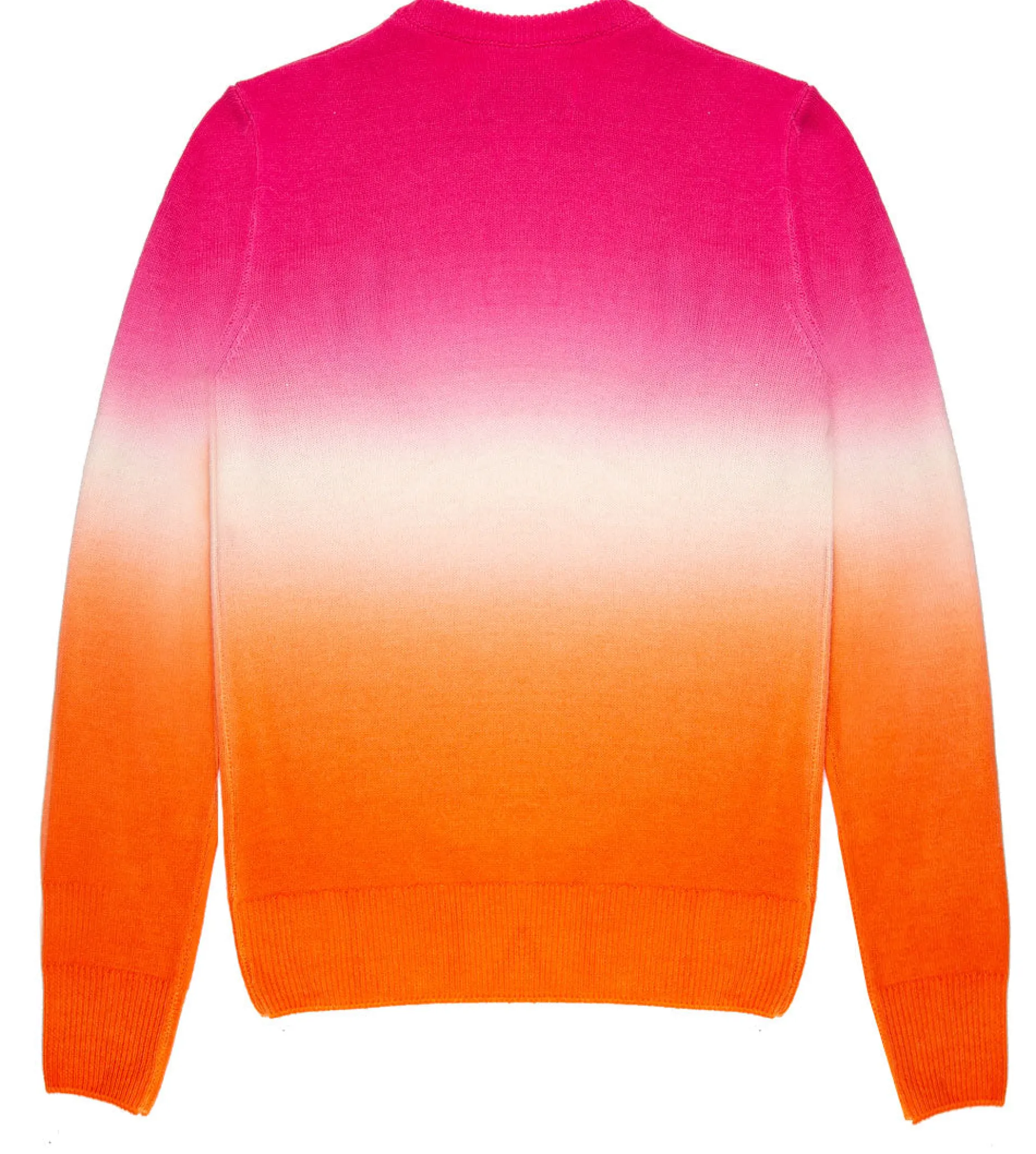 Degradé-Damenpullover in Fuchsia und Orange mit Schriftzug „Ancora tu“.