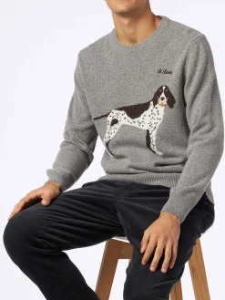 Donegal-Pullover für Herren mit Rundhalsausschnitt und Jacquard-Aufdruck mit Landhund