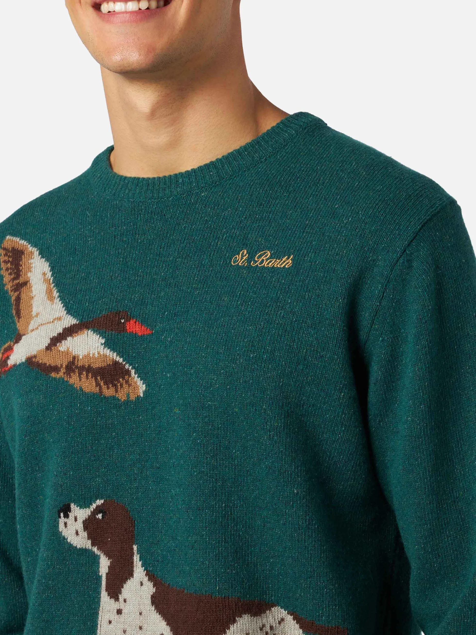 Donegal-Pullover für Herren mit Rundhalsausschnitt und Jacquard-Aufdruck mit Landhund