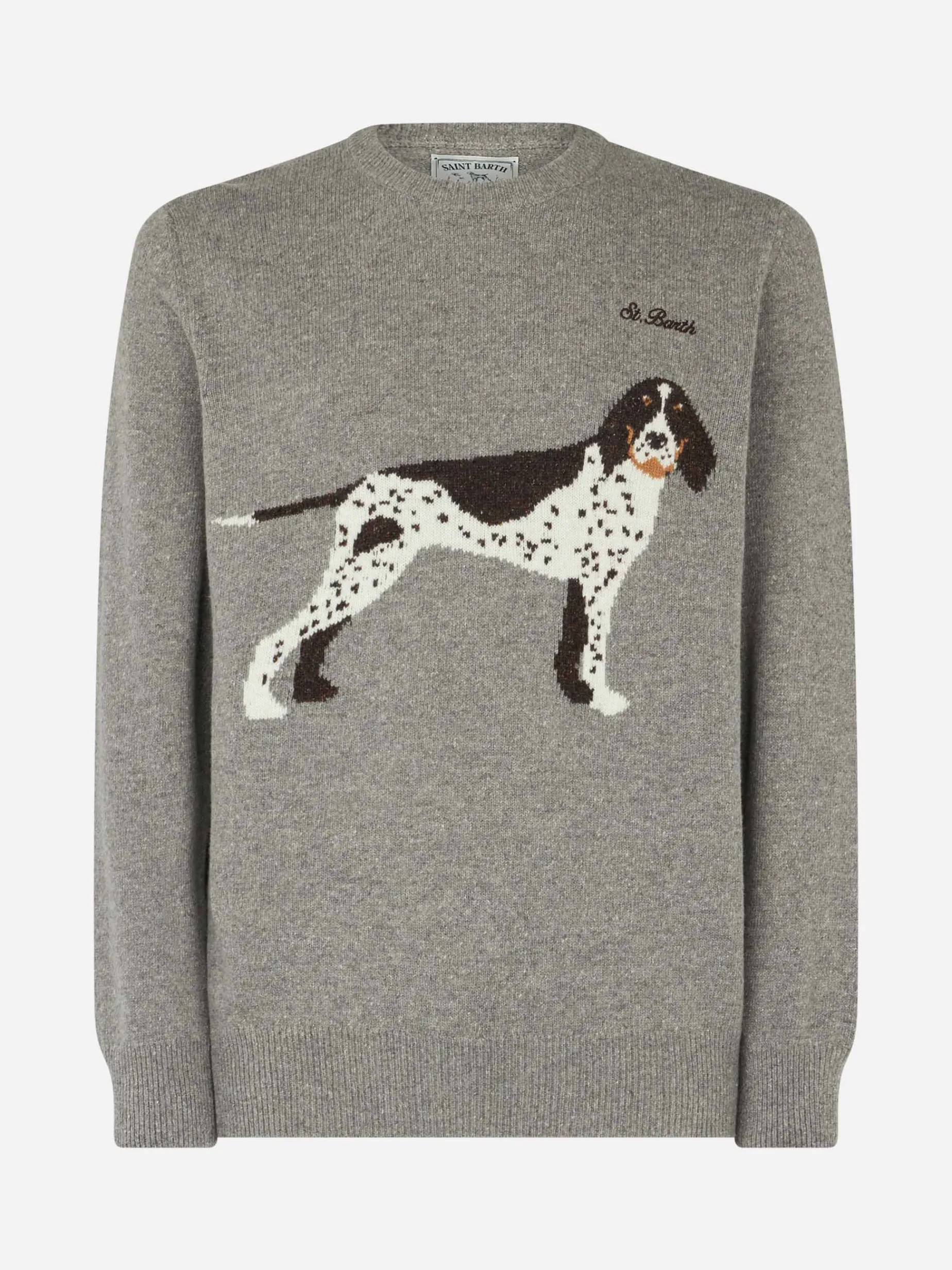 Donegal-Pullover für Herren mit Rundhalsausschnitt und Jacquard-Aufdruck mit Landhund
