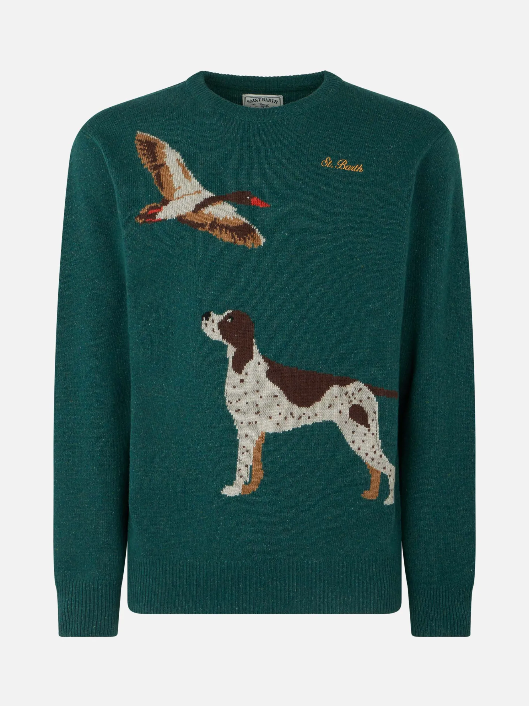 Donegal-Pullover für Herren mit Rundhalsausschnitt und Jacquard-Aufdruck mit Landhund