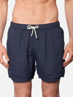 Einfarbige mittellange Badeshorts aus Leinen in Blau