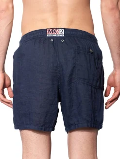 Einfarbige mittellange Badeshorts aus Leinen in Blau