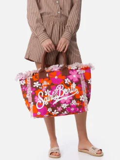 Einkaufstasche aus Baumwollcanvas mit Retro-Blumendruck