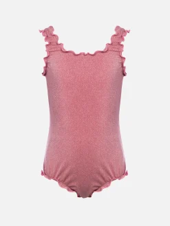 Einteiliger Badeanzug Clio aus Lurex für Mädchen mit kontrastierender Rüsche