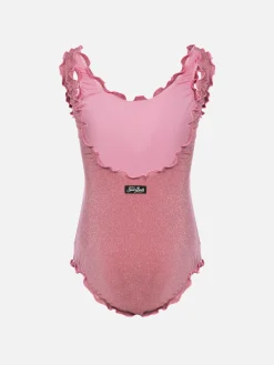 Einteiliger Badeanzug Clio aus Lurex für Mädchen mit kontrastierender Rüsche
