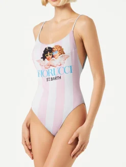 Einteiliger Badeanzug mit Streifenengeln von Fiorucci | FIORUCCI-SONDERAUSGABE