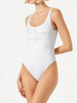 Einteiliger Damen-Badeanzug mit „The Bride Maybe“-Strassstickerei