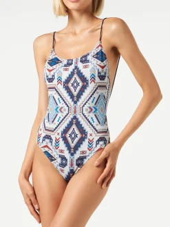 Einteiliger Damen-Badeanzug mit glitzerndem Azteken-Print