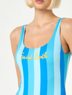 Einteiliger Damen-Badeanzug mit hellblauem und blauem Streifenmuster